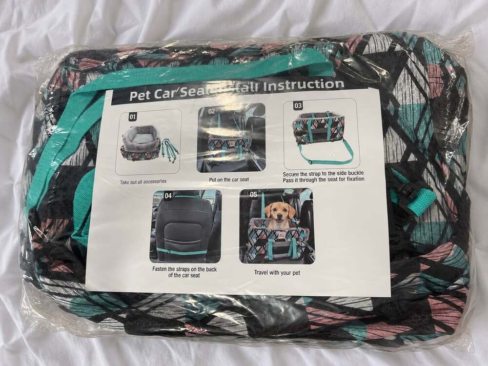 Pet Car Seat Booster Carrier Teal And Gray Geometric Print New